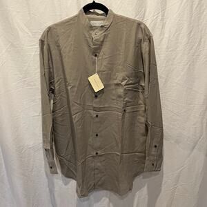 NWT Jeffrey Banks Shirt Silk Tan Brown Band Collar Long Sleeve Button Down Sz M